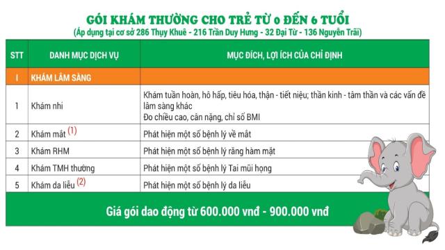 Bảng giá gói khám nhi của bệnh viện Đa khoa Thu Cúc (Ảnh: BV Thu Cúc)