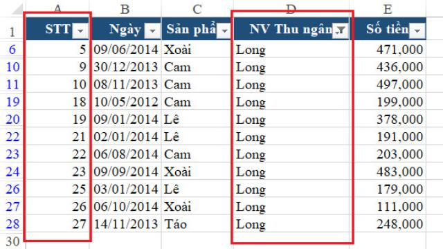 hàm đánh số thứ tự khi lọc dữ liệu