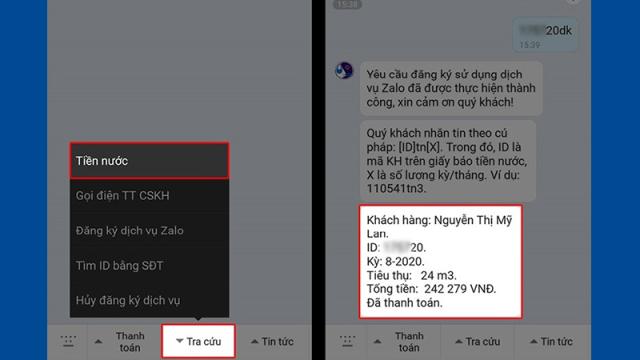 Tra cứu tiền nước bằng Zalo